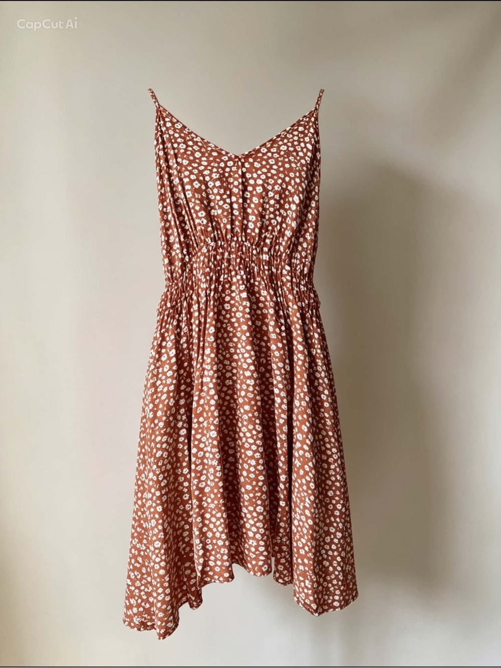 SHEIN Rust Brown Floral Spaghetti Strap Smocked Dress